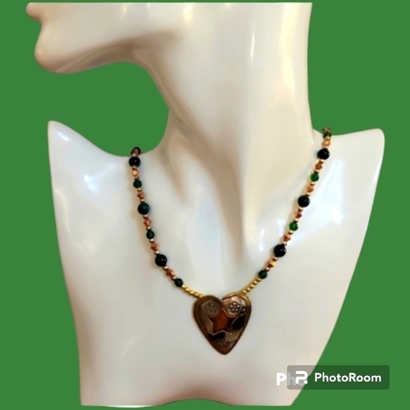 HANDMADE Tiger Eye Metal Copper Brass Heart Pendant Beaded Necklace - Picture 1 of 6